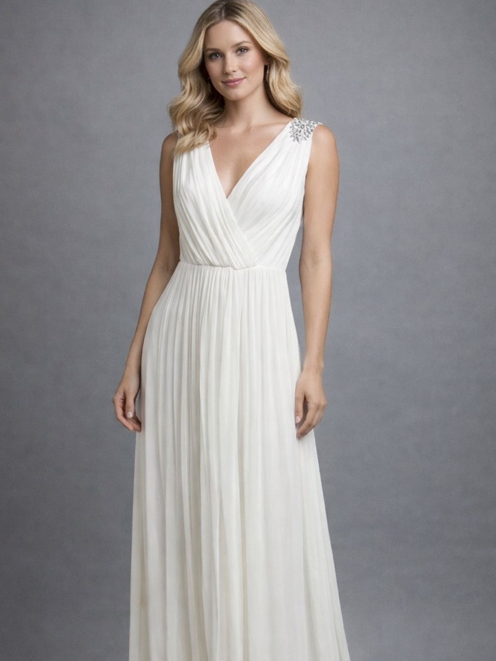 ALEX Evenings White Pleated V-Neck Gown with Embellished Shoulders